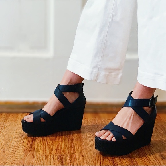 Navy + Black Strappy Wedge Platform Heels - Picture 1 of 5